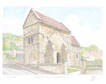 St Laurence Church, Bradford on Avon, Wiltshire. ORIGINAL pencil drawing with watercolour wash. FREE frame and postage.