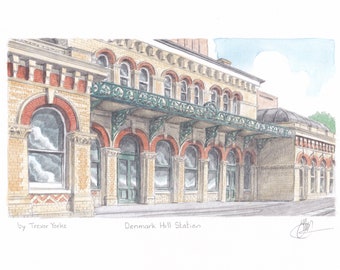 Denmark Hill Station, London, England. ORIGINAL pencil drawing with watercolour wash. FREE frame and postage.