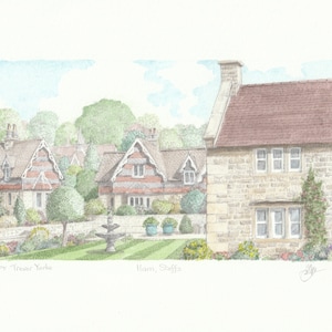 Ilam, Staffordshire, Peak District, England. ORIGINAL pencil and watercolour picture. FREE frame and postage.