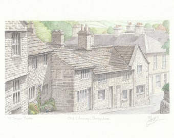 Old Glossop, Derbyshire, Peak District, England. ORIGINAL pencil drawing with watercolour wash. FREE frame and postage.