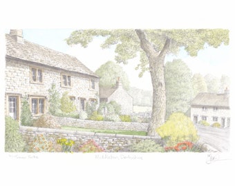 Middleton, Derbyshire, England. ORIGINAL pencil and watercolour drawing. FREE frame and postage.