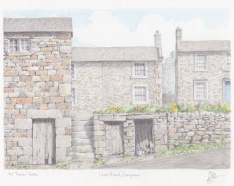 Leek Road, Longnor, Staffordshire. ORIGINAL pencil drawing with watercolour wash. FREE frame and postage.