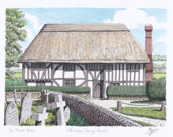 Alfriston Clergy House, Alfriston, Polegate, East Sussex, England. ORIGINAL pen, ink and wash drawing with FREE frame and postage.