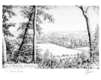 View of Marlow from Quarry Woods, Berkshire, England. ORIGINAL pen and ink drawing with FREE frame and postage.