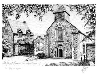 St Mary's Church and Hurley Priory, Hurley, near Maidenhead, Berkshire, England. ORIGINAL pen and ink drawing with FREE frame and postage.