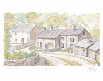 Cottages, Upper Hulme, The Roaches, Staffordshire, England. ORIGINAL pencil drawing with watercolour wash. FREE frame and postage.