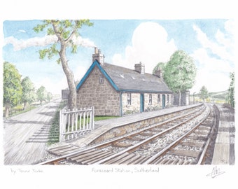 Forsinard Station, Sutherland, Scotland. ORIGINAL pencil drawing with watercolour wash. FREE frame and postage.