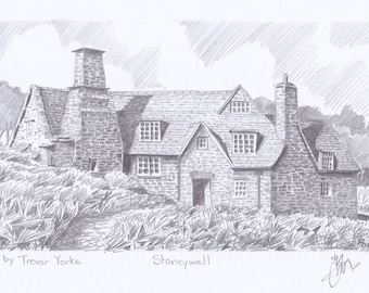 Stoneywell, National Trust, Ulverscroft, Charnwood Forest, Leicestershire, England. ORIGINAL pencil sketch with FREE frame and postage.