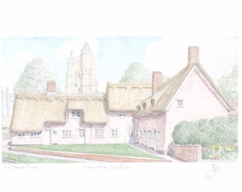 Hyde Park Corner Cottages, Cavendish, Suffolk, England. ORIGINAL pencil drawing with watercolour wash. FREE frame and postage.
