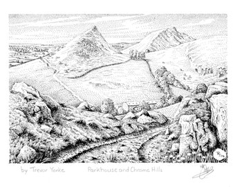 Parkhouse and Chrome Hills, near Longnor, in the Peak District. ORIGINAL pen and ink drawing with FREE frame and postage.