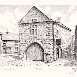 Winster Market House, National Trust, near Matlock, Derbyshire, England. ORIGINAL pen and ink drawing with FREE frame and postage.