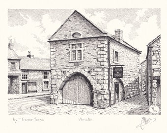 Winster Market House, National Trust, near Matlock, Derbyshire, England. ORIGINAL pen and ink drawing with FREE frame and postage.