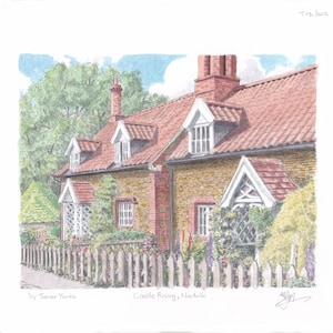 Cottages, Castle Rising, Norfolk, England. ORIGINAL pencil drawing with watercolour wash. FREE frame and postage.