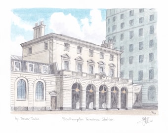 Former Southampton Terminus Railway Station, Hampshire, England. ORIGINAL pencil drawing with watercolour wash. FREE frame and postage.