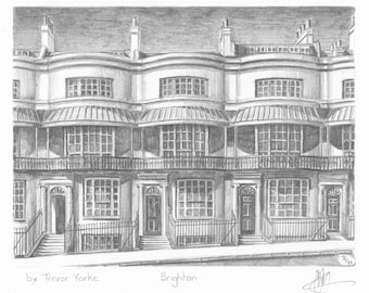 A Regency Terrace, Brighton, Sussex, England. ORIGINAL pencil drawing with FREE frame and postage.