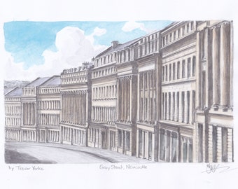 Grey Street, Newcastle upon Tyne, England. ORIGINAL pencil drawing with watercolour wash. FREE frame and postage.