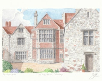 The King's House, Salisbury, Wiltshire, England. ORIGINAL pencil drawing with watercolour wash. FREE frame and postage.