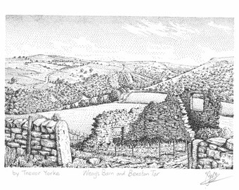 Weag&#39;s Barn and Beeston Tor, Manifold Valley, Peak District, England. ORIGINAL pen and ink drawing with FREE frame and postage.