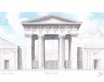 The Euston Arch circa 1900 , London, England. ORIGINAL pencil drawing with watercolour wash. FREE frame and postage.