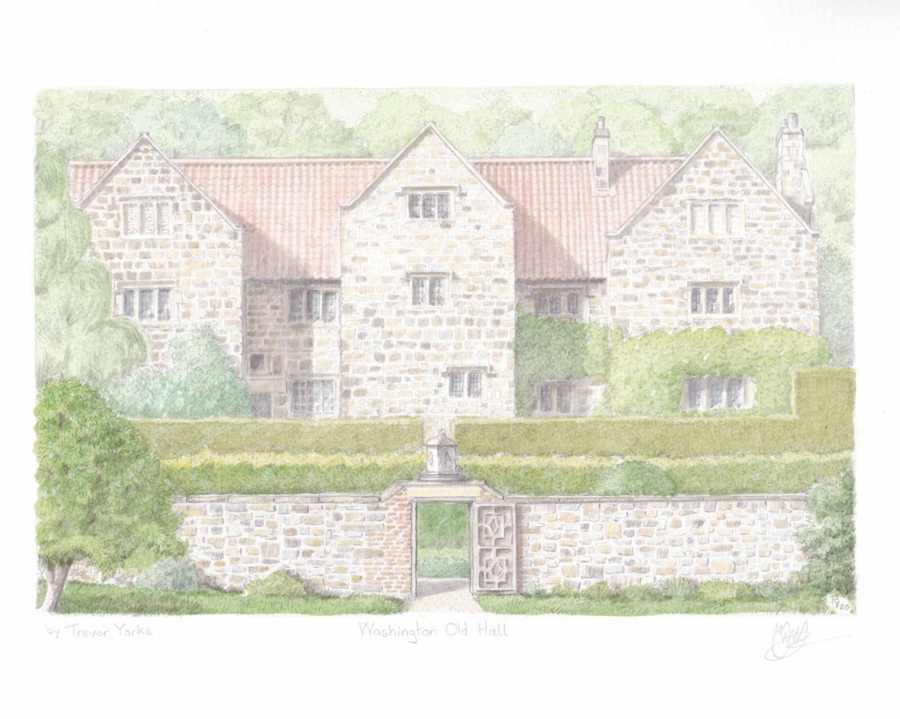 Washington Old Hall, Tyne and Wear, England. ORIGINAL pencil drawing with watercolour wash. FREE frame and postage.