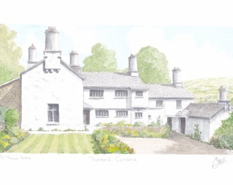 Townend, National Trust, Troutbeck, Cumbria, England. ORIGINAL pencil drawing with watercolour wash. FREE frame and postage.