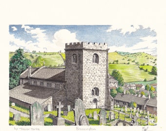Brassington, Derbyshire. ORIGINAL pen and ink with colour wash. FREE frame and postage.