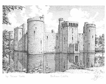 Bodiam Castle, National Trust, Robertsbridge, East Sussex, England. ORIGINAL pen and ink drawing with FREE frame and postage.