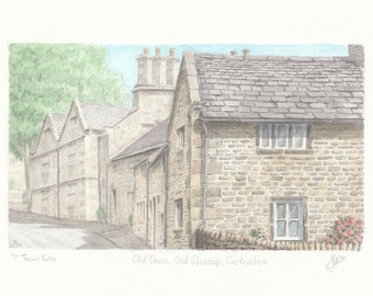Old Cross, Old Glossop, Derbyshire, England. ORIGINAL pencil drawing with watercolour wash. FREE frame and postage.