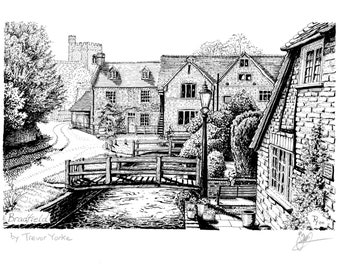 Bradfield, near Reading, Berkshire, England. ORIGINAL pen and ink drawing with FREE frame and postage.