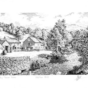Wetton Mill, Ashbourne, Derbyshire, Peak District, England. ORIGINAL pen and ink drawing with FREE frame and postage.