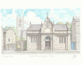 Market Place, Longnor, Staffordshire, Peak District. ORIGINAL pencil drawing with watercolour wash. FREE frame and postage.
