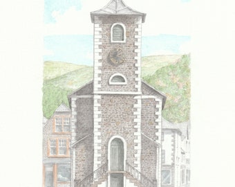 The Moot Hall, Keswick, The English Lake District, Cumbria. ORIGINAL pencil drawing with watercolour wash.