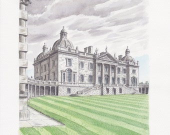 Houghton Hall,Norfolk, England. ORIGINAL pencil drawing with watercolour wash. FREE frame and postage.