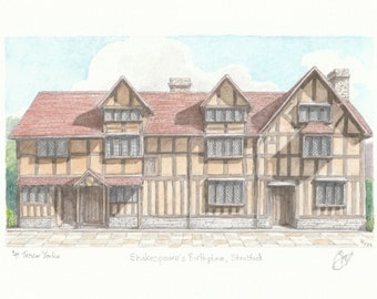 Shakespear's Birthplace, Henley Street, Stratford upon Avon, England. ORIGINAL pencil drawing with watercolour wash. FREE frame and postage.