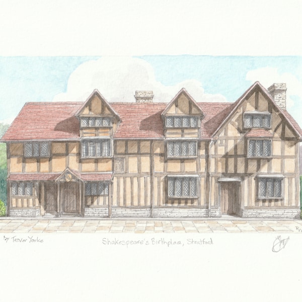 Shakespear's Birthplace, Henley Street, Stratford upon Avon, England. ORIGINAL pencil drawing with watercolour wash. FREE frame and postage.