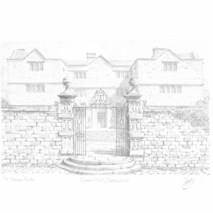 Eyam Hall and Entrance, Derbyshire, Peak District, England. ORIGINAL pencil drawing with FREE frame and postage.