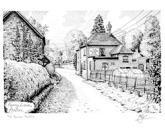 Ferry Lane, Aston, near Henley on Thames, Berkshire, England. ORIGINAL pen and ink drawing with FREE frame and postage.