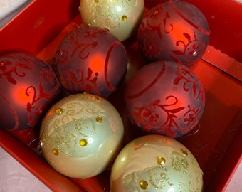 Vintage set of 7 glass baubles Christmas tree decorations, Christmas red and gold baubles