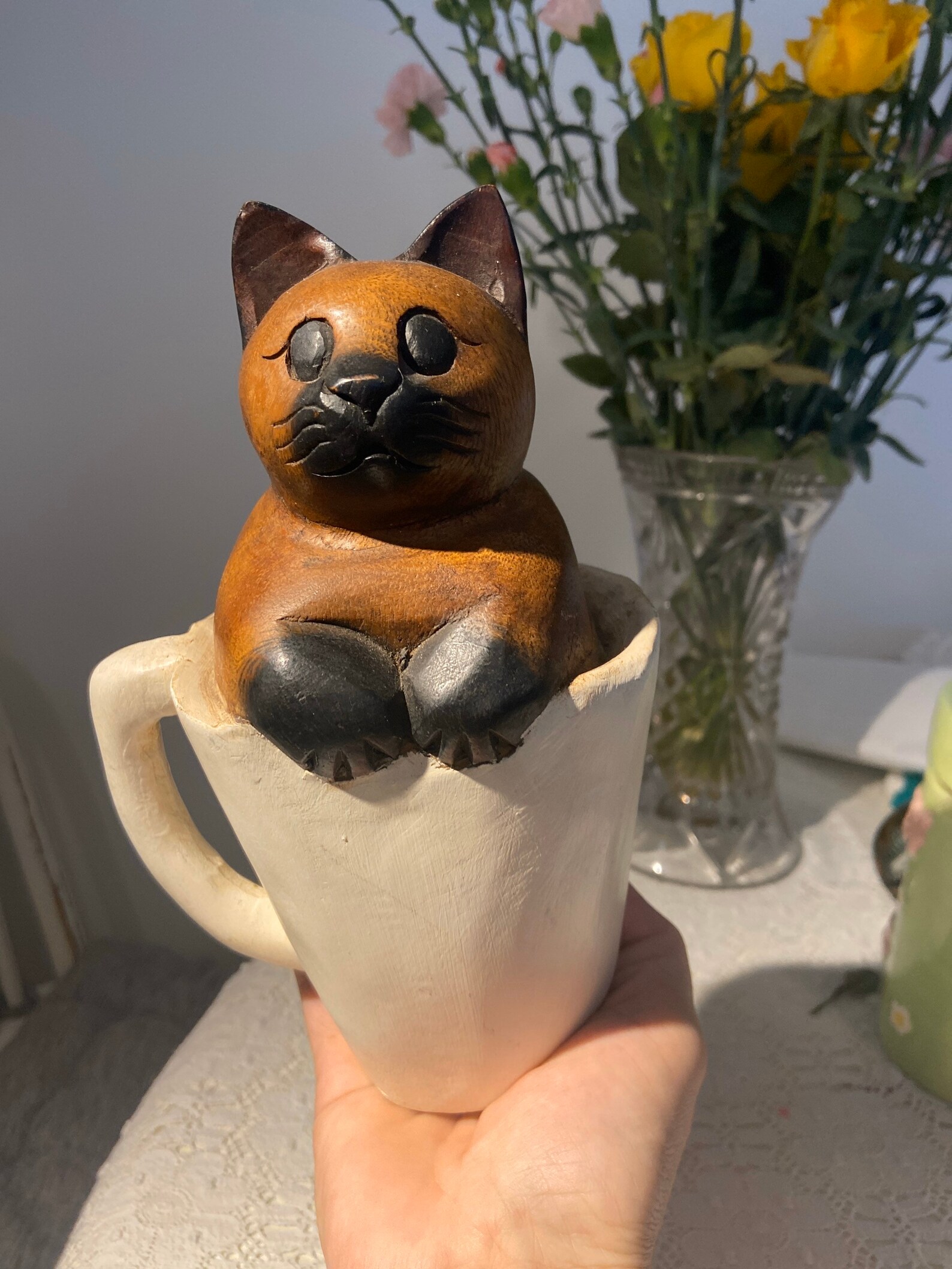 Vintage Beautiful Wooden Cat Sculpture in a Mug.wooden Cat Etsy