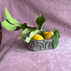 Puede incluir: Un cuenco de cerámica gris, de forma ovalada, lleno de limones amarillos brillantes y hojas verdes de limonero. El cuenco tiene patrones decorativos y asas. Los limones son frescos, creando una estética natural y rústica.