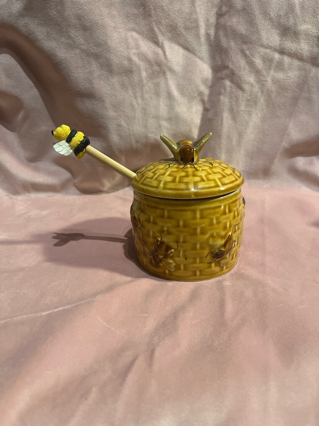 Beautiful Brown Honey Pot With Lid Bee and Spoon With Bee Fri Etsy