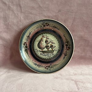 Vintage Beautiful clay large plate.Hand painted ship.