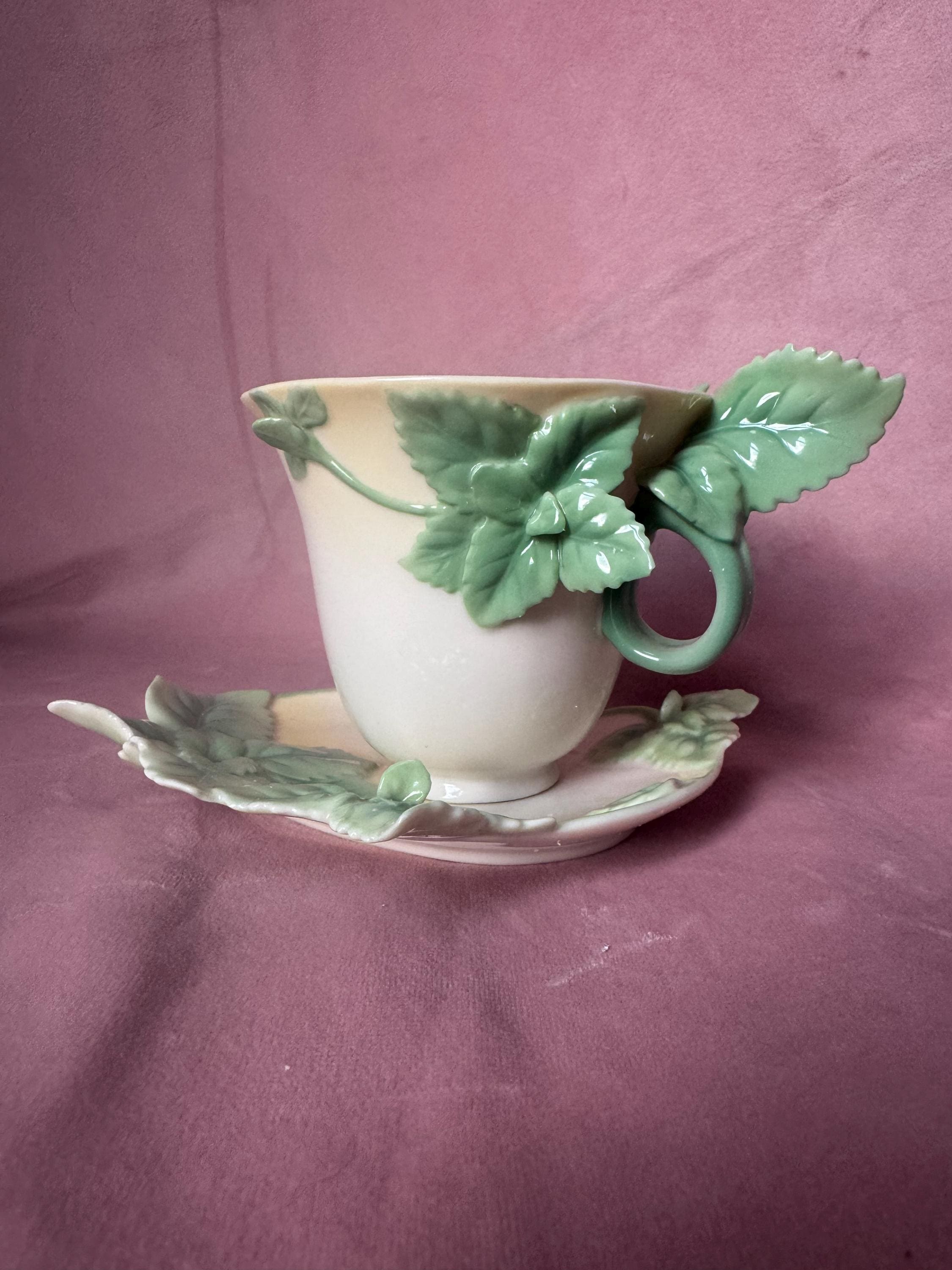 Beautiful Franz Porcelain With Green Basil Leaves Cup,saucer