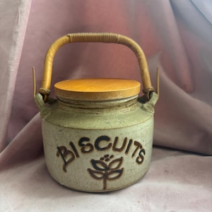 Pode incluir: Um pote de biscoitos de cerâmica com tampa e alça de madeira. O pote é verde claro com a palavra "BISCUITS" e um desenho floral marrom. A alça é feita de rattan tecido.