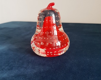 Beautiful Red Bubble Pear Paper Weight, Murano Style Glass Paperweight.