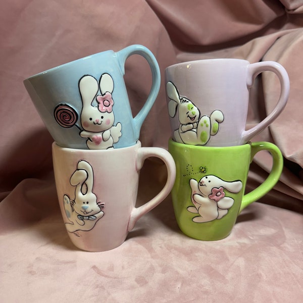 Unique set of 4 mugs with colourful bunny,beautiful Easter rabbit tea cups.