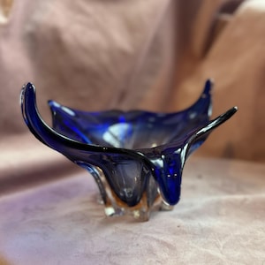 Vintage hand made Murano Freeform Glass Centrepiece Cobalt Bowl.