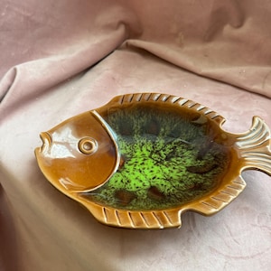 Unique vintage hand painted fish shape brown plate.