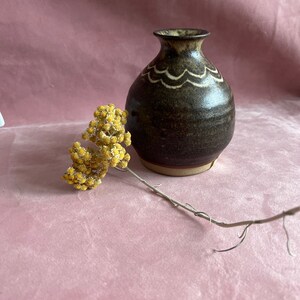 Könnte beinhalten: Eine dunkelbraune Keramikvase mit einem wellenförmigen weißen Muster um den Hals. Die Vase hat einen runden Körper und eine schmale Öffnung. Ein Zweig gelber Trockenblumen liegt neben der Vase.