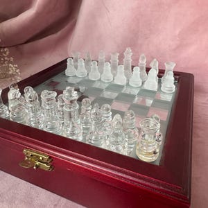Vintage glass chess,clear and matt glass with wooden case.